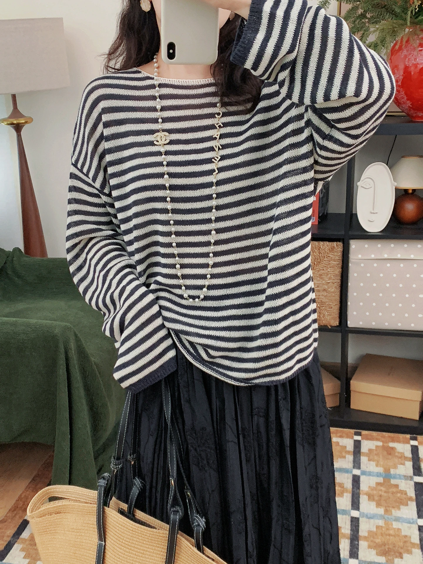 

Женский свободный вязаный свитер с длинным рукавом, комфортный, в полоску, из хлопка Lenzing и бумажной пряжи, для защиты от солнца