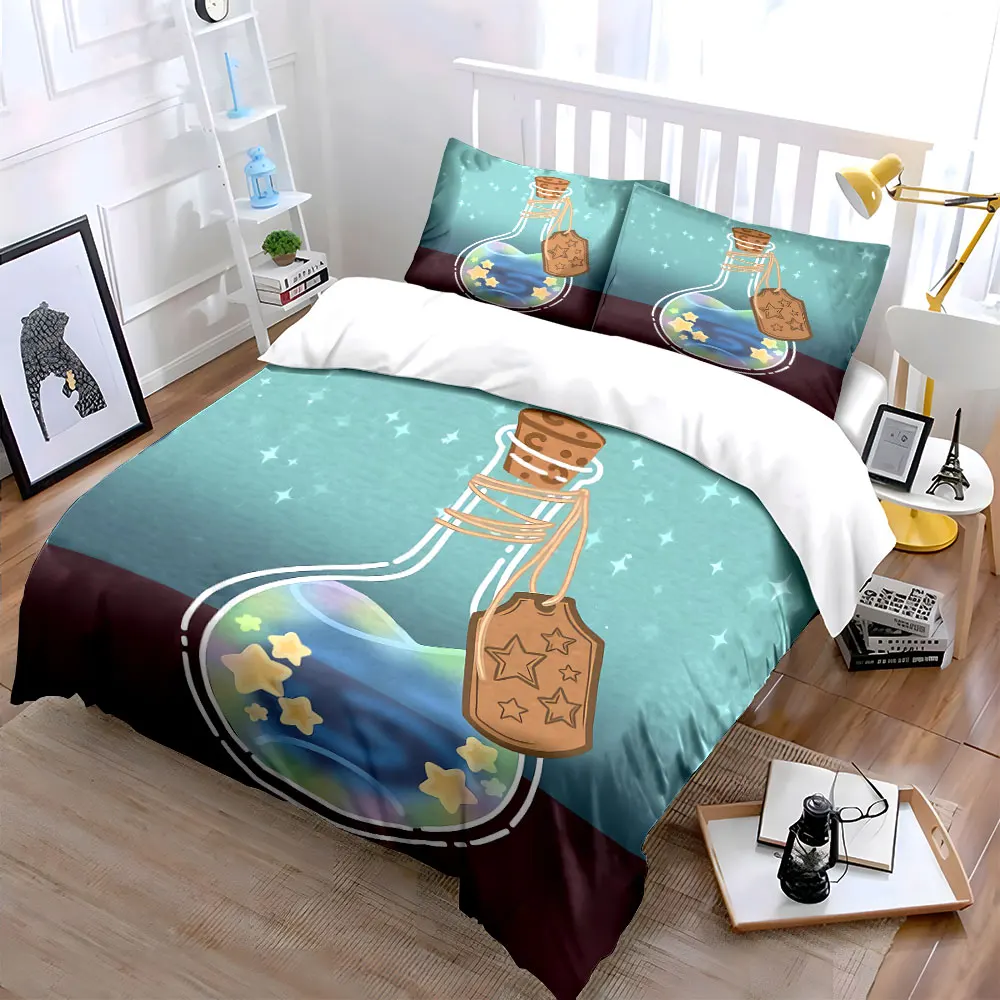 3Pc Magical Star Wish Bottle Duvet Cover Set,Light Blue Fairy Kids Bedding with 1 Duvet Cover 2 Pillowcases Single Double,Gift