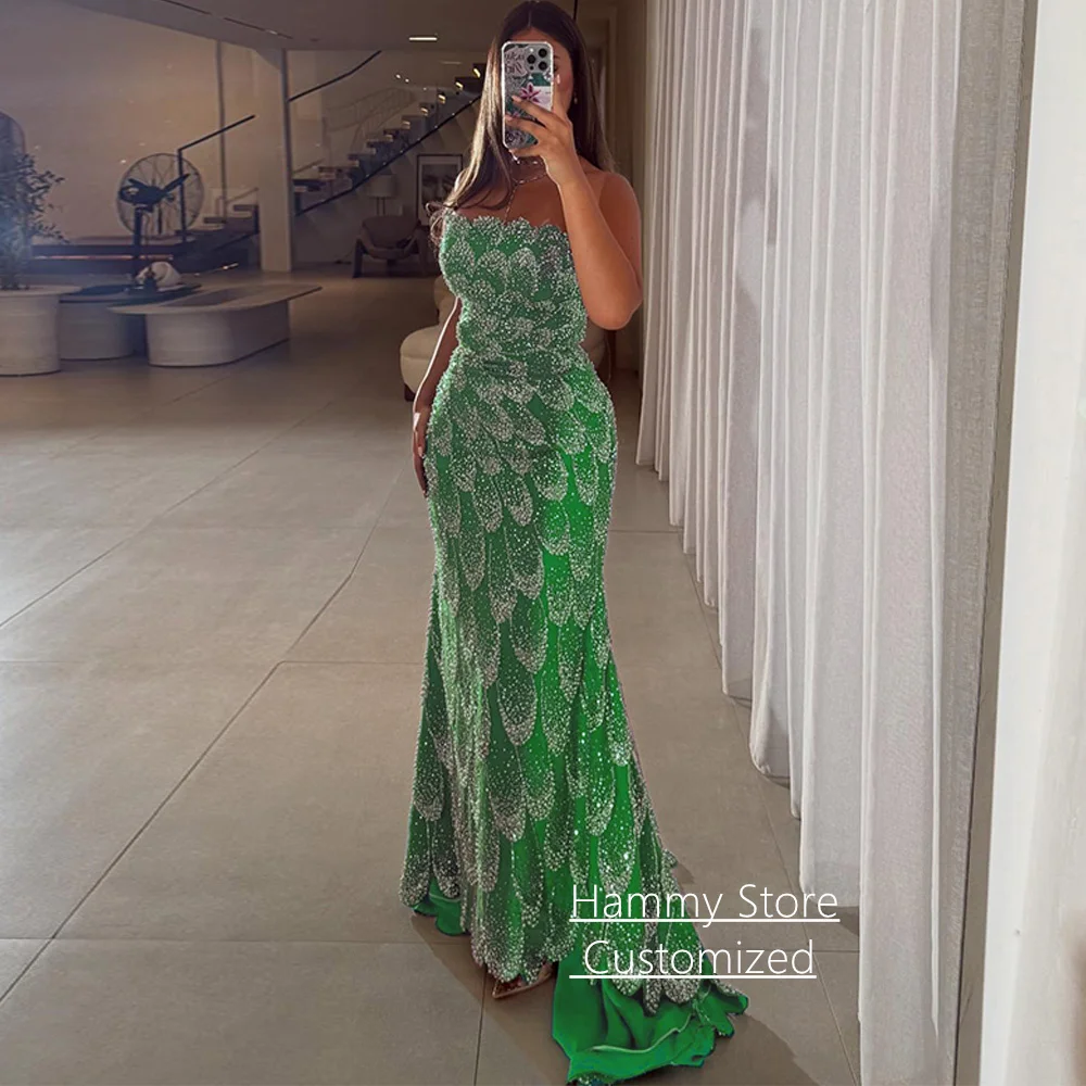 

Роскошное вечернее платье русалки по индивидуальному заказу без бретелек без рукавов с скользящим шлейфом и блестками, жемчугом, арабское вечернее платье, платья для выпускного вечера