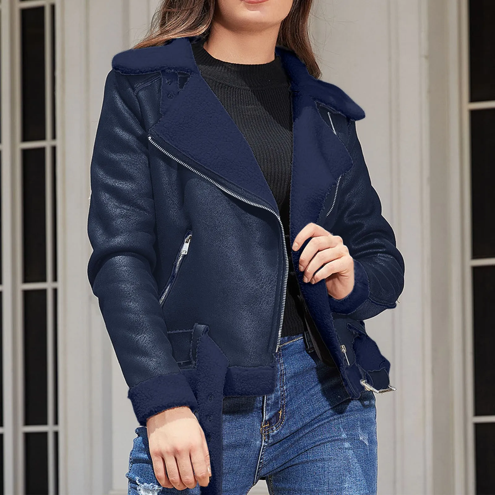 Warm Suede Lamb Jacket Winter Women Thick Short Motorcycle Coats Faux Shearling Leather Jackets Zip Cool Outwear Women'S Coat