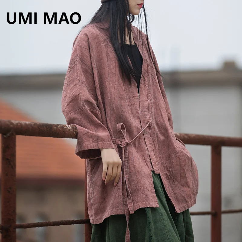 UMI MAO Ramie Jacket Tie Dyed Autumn Cotton Femme New Diagonal Collar Tied Up Shirt Chinese Style Top Spring Clothes For Women