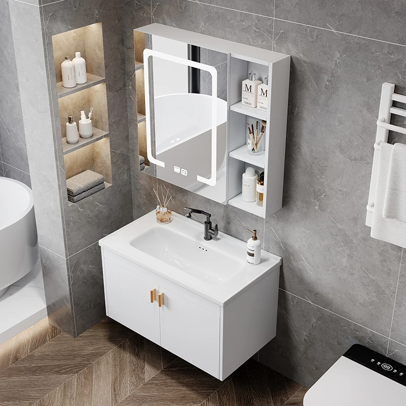 Modern Smart Bathroom Mirror Nordic Luxury Intensification Aluminum Bathroom Vanity Combo Ceramic Basin Furniture Ванной FYBC