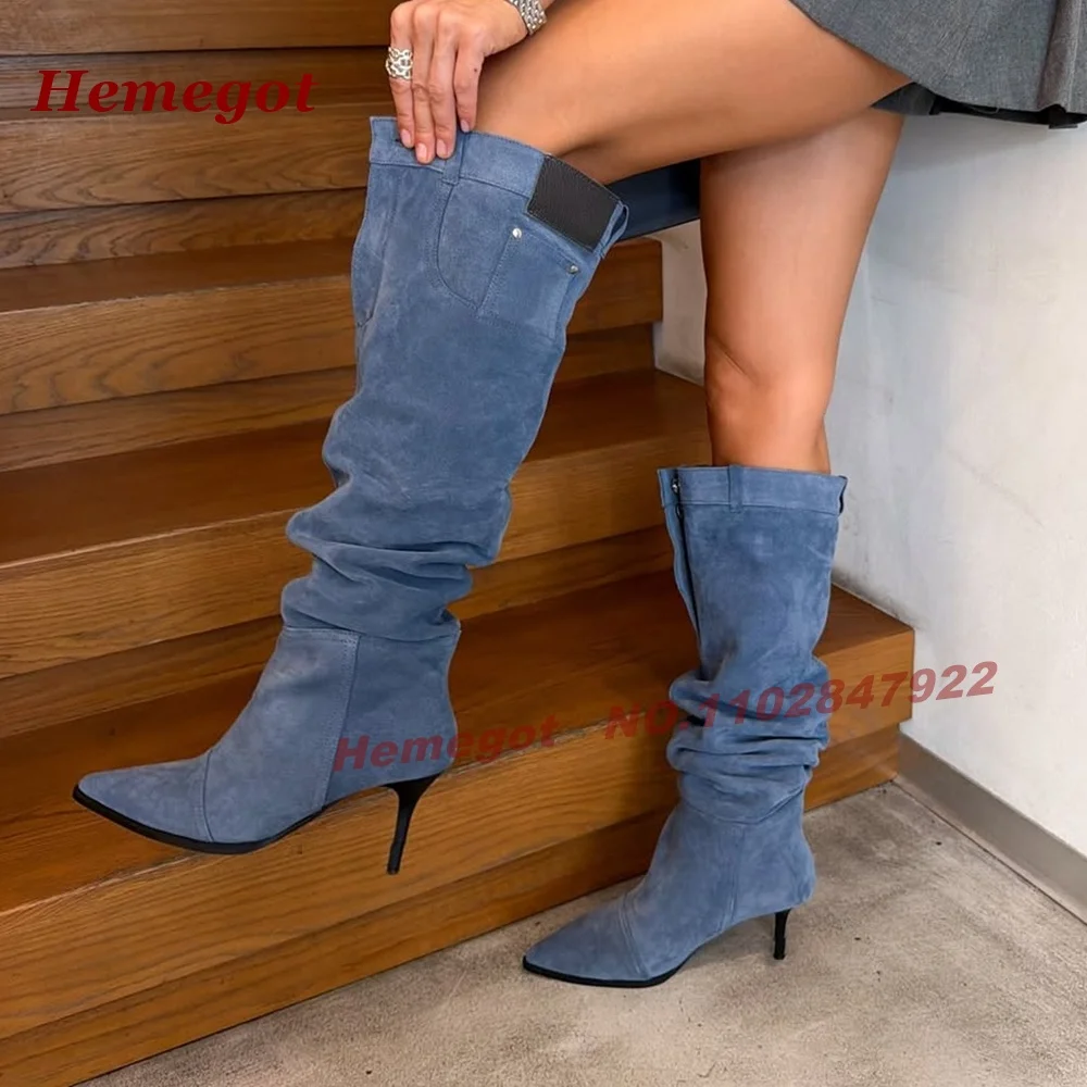 Denim Blue Slouch Over The Boots Pointed Toe Stiletto Heel Ruched Tall Boots Patchwork Pocket Decor Casual Shoes Winter 2027