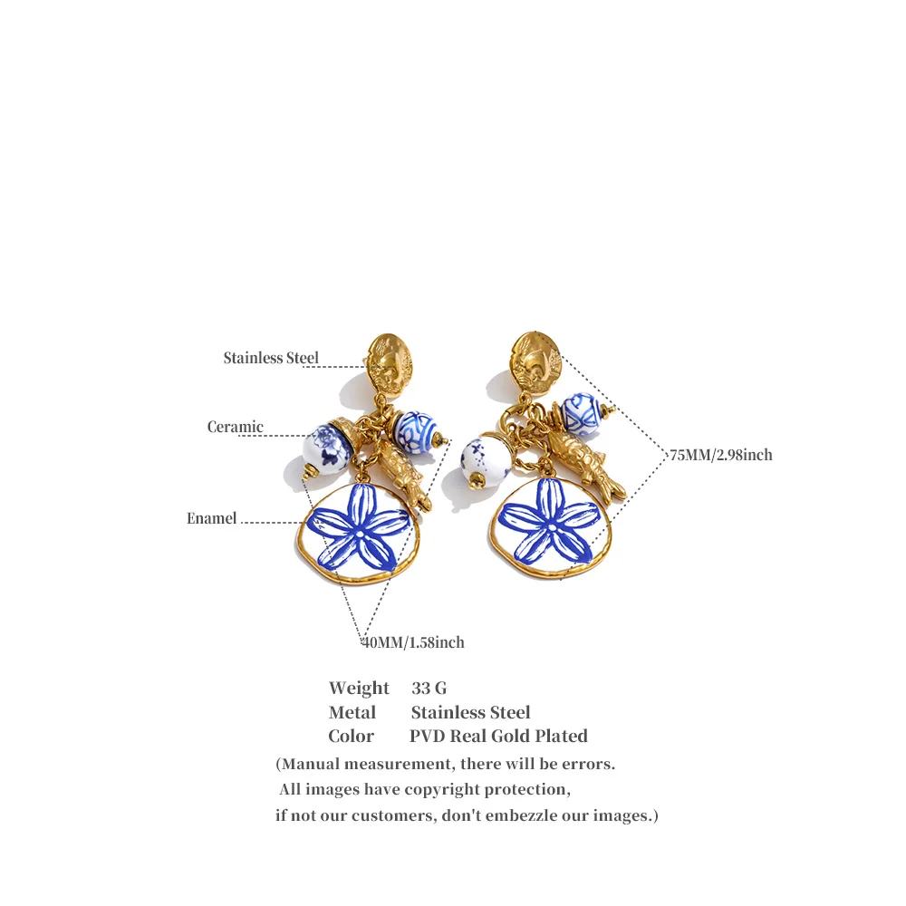 Yhpup Exklusiver Stil Edelstahl-Keramikperlen-Blumen-Tropfen-Ohrringe Allergievorbeugend Sommer Goldener Ästhetischer Schmuck – Detail 1