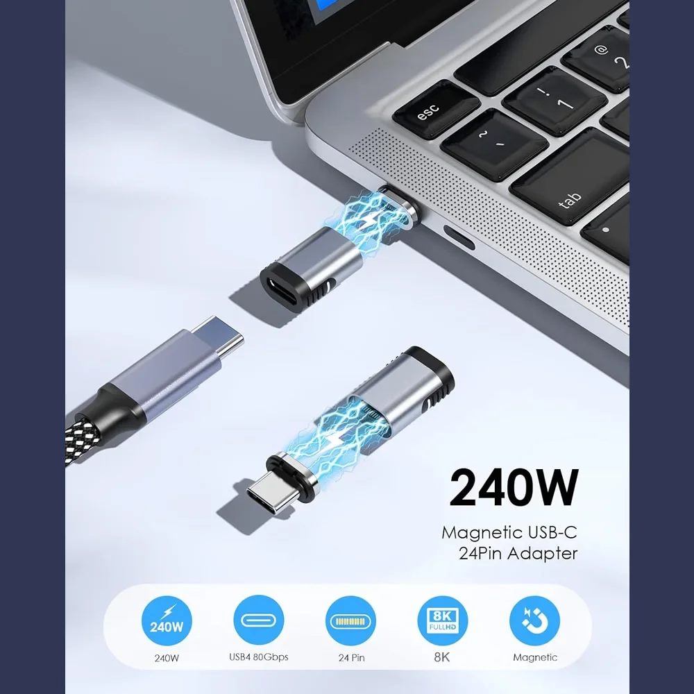 240W Magnetic USB-C Adapter 80Gbps Data Transfer 8K Video PD Fast Charging USB4.0 Type-C Mini Converter for MacBook Phone Tablet