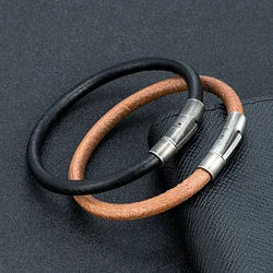 MKENDN Simple Style Men Women Primary Color Cowhide Bracelet Retro Stainless Steel Buckle Accessories Handmade Cuff Bangle Gifts