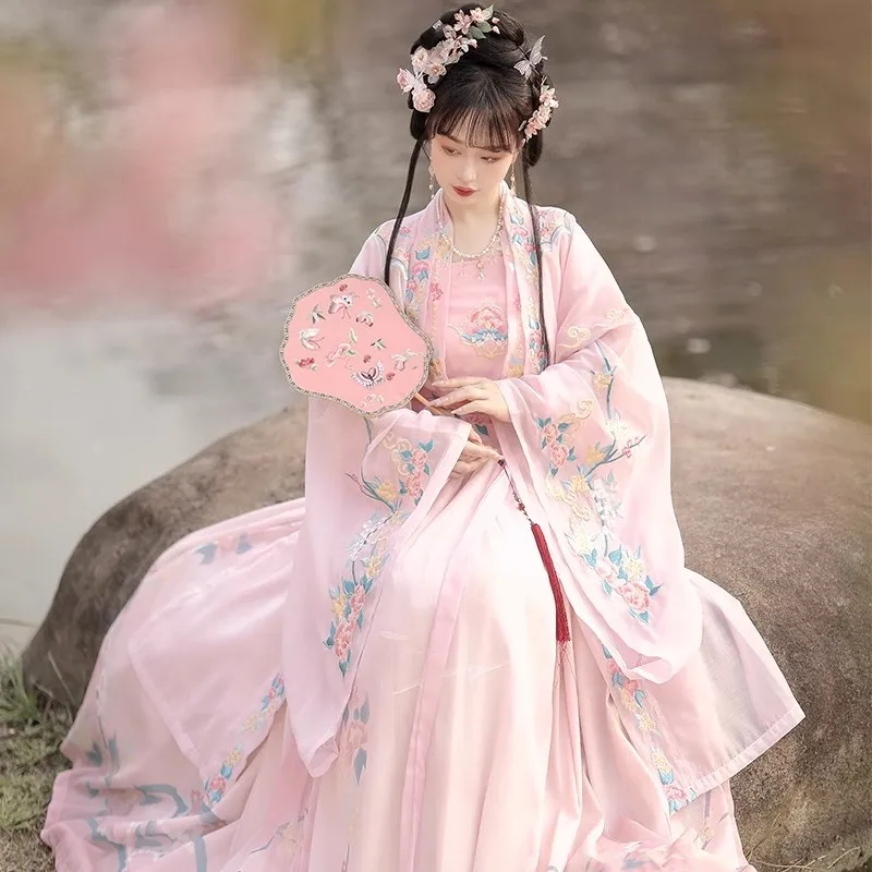 Flower Wedding Hanfu Waist-High Ruqun Clothes Machine Embroidery Chinese Traditional Han Clothing Ancient Costume Daily Elegant