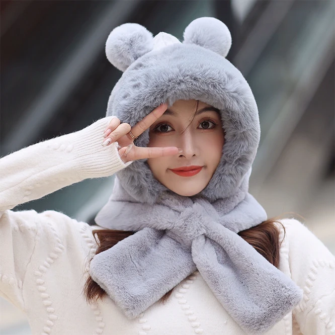 Hat Scarf One Female Winter Plush Thickened Cold Proof Warm Windproof Plush Scarf Ear Protection Girl  Women Hat White