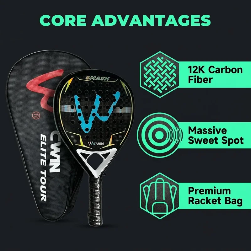CWIN 12K Carbonfaser-Padel-Schläger 360g Blau Dicker Rahmen Paddel-Schläger mit Schutztasche für Training & Wettkampf – Detail 4