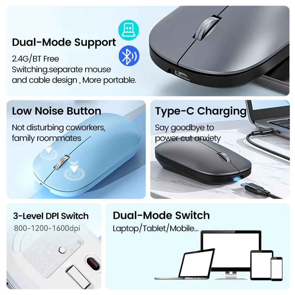  KEBIDUMEI Wireless Bluetooth Mouse 2.4G Dual Mode Mice Type-C Charging Silent Ergonomic Portable 1600DPI Office Gaming Mouse