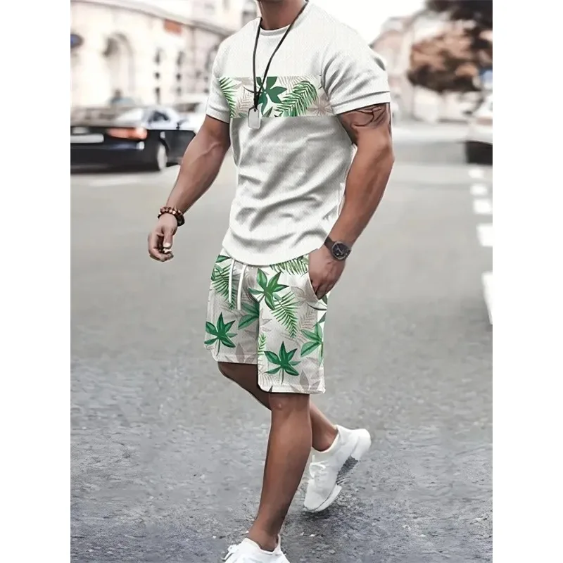 2025 High Quality Street Men's 3D Short Sleeve Loose Top Gradient Coconut Print Style Summer Fashion T-shirt Shorts Set