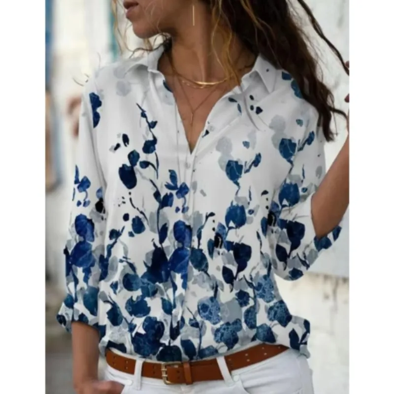 Elegant and fashionable women's printed shirt loose long sleeved plus size shirt women's casual top personalized commuting style