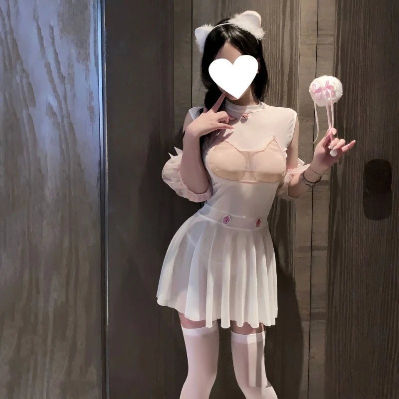 مثير القط فتاة دور اللعب اليابانية الرغبة النقية لطيف هريرة موحدة إغراء Kawaii انظر من خلال فستان الكبار الجنس المنزل ازياء