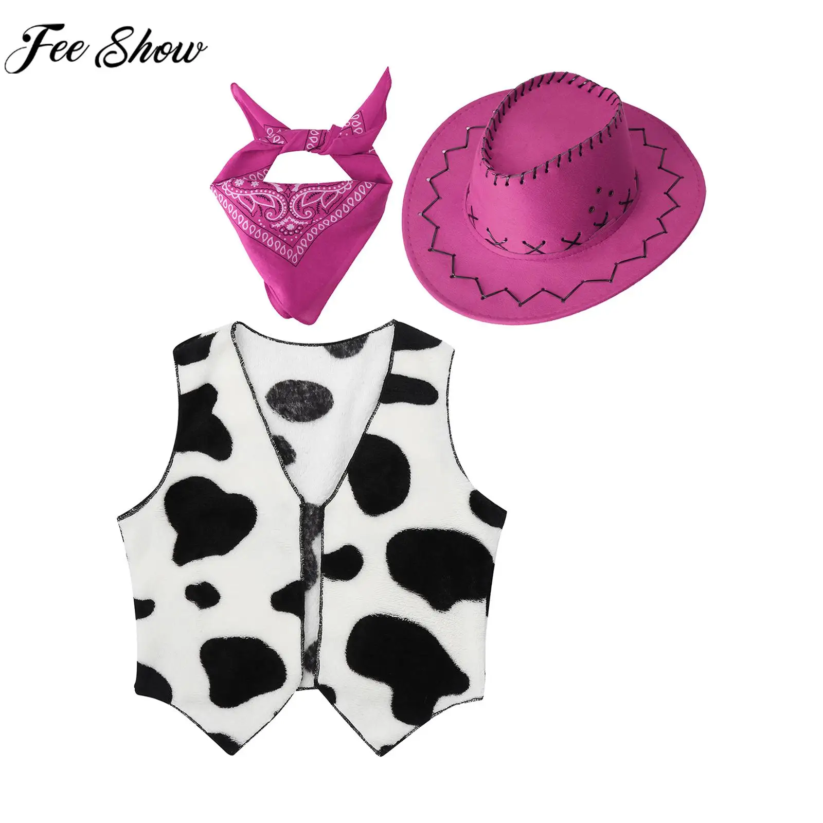 

Children Western Cowboy Cowgirl Cosplay Costume Halloween Party Role Paly Clothes Cow Print Waistcoat Vest with Hat Bandana Set