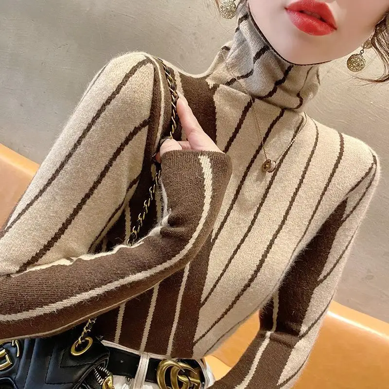 Women Korean Fashion Striped Turtleneck Elegant Knitted Sweater 2023 Autumn Winter Long Sleeve Warm Pullover Basic Tops Jumpers