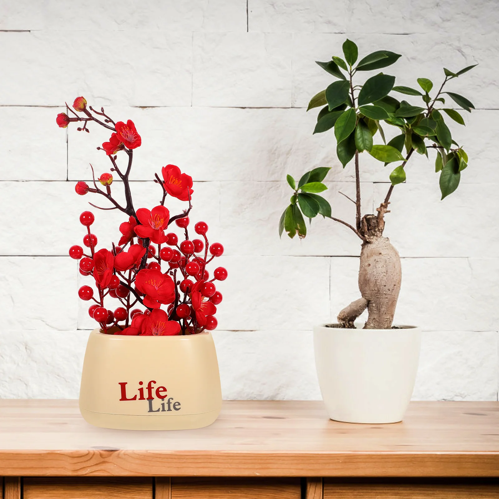 

Artificial Potted Plant Home Decor Faux Fruit Realistic Plum Blossom Flowers Flash Decorations Trees Plastic Office Fake