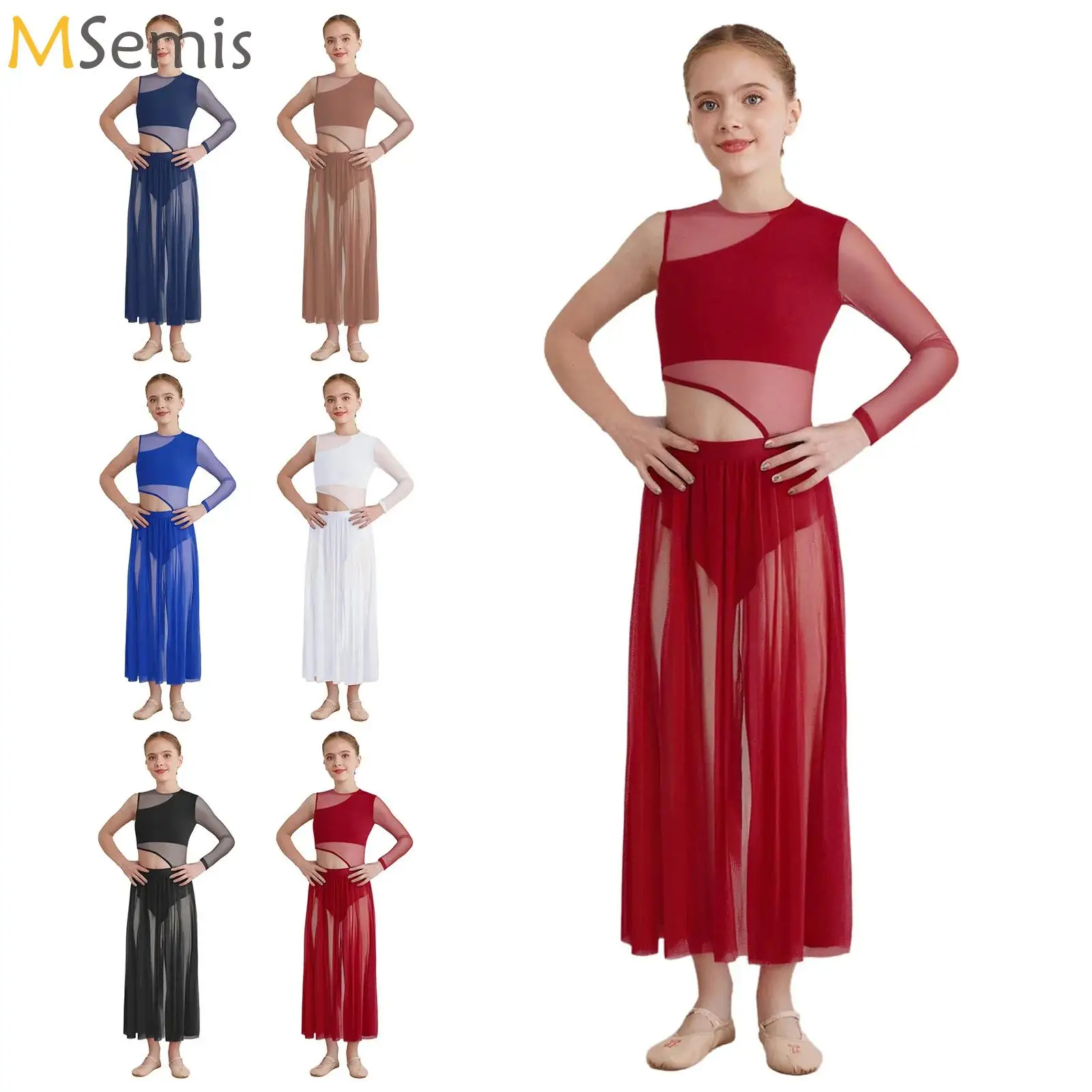 

Big Girls Ballet Lyrical Dance Costume Leotard Dresses Cutout Patchwork Mesh Overlay Maxi Dress Modern Contemporary Dancewear
