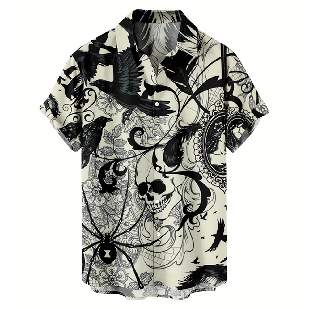 Dark Style Skull Pattern Shirt Street Trend Hip Hop Y2k Clothing Personality Unisex Summer Breathable Lapel Short-sleeved Shirt