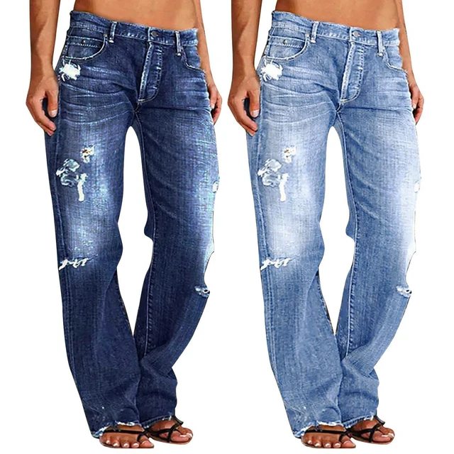 Women Men Denim Pants Casual Ripped Loose Straight Leg Jeans Trousers Trendy Bottoms for Streetwear Women Men Denim Pants Casual Ripped Loose Straight Leg Jeans Trousers Bottoms