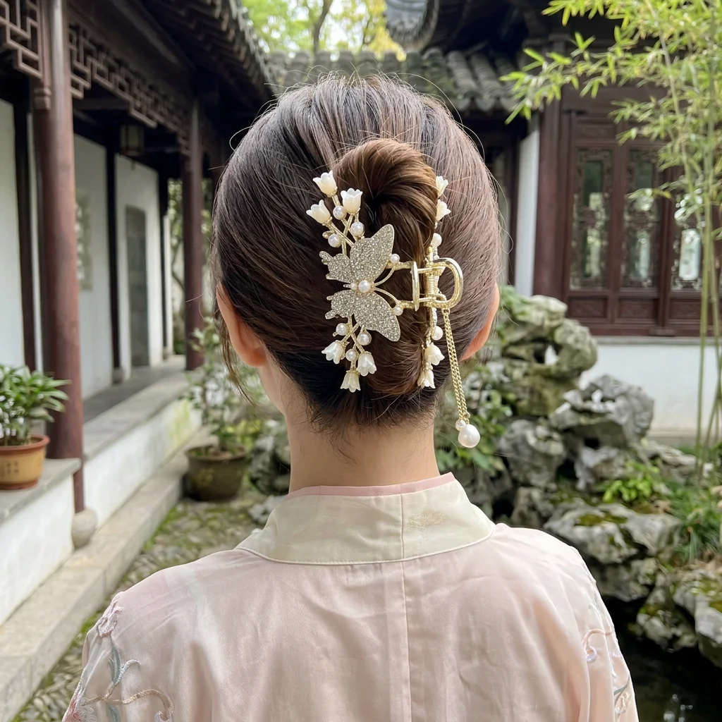 Lily of Valley Tassel Hair Claw Clip Women Vintage Alloy Plated Gold Anti Slip Twist Updo Styling for Wedding Party Daily Wear view 4