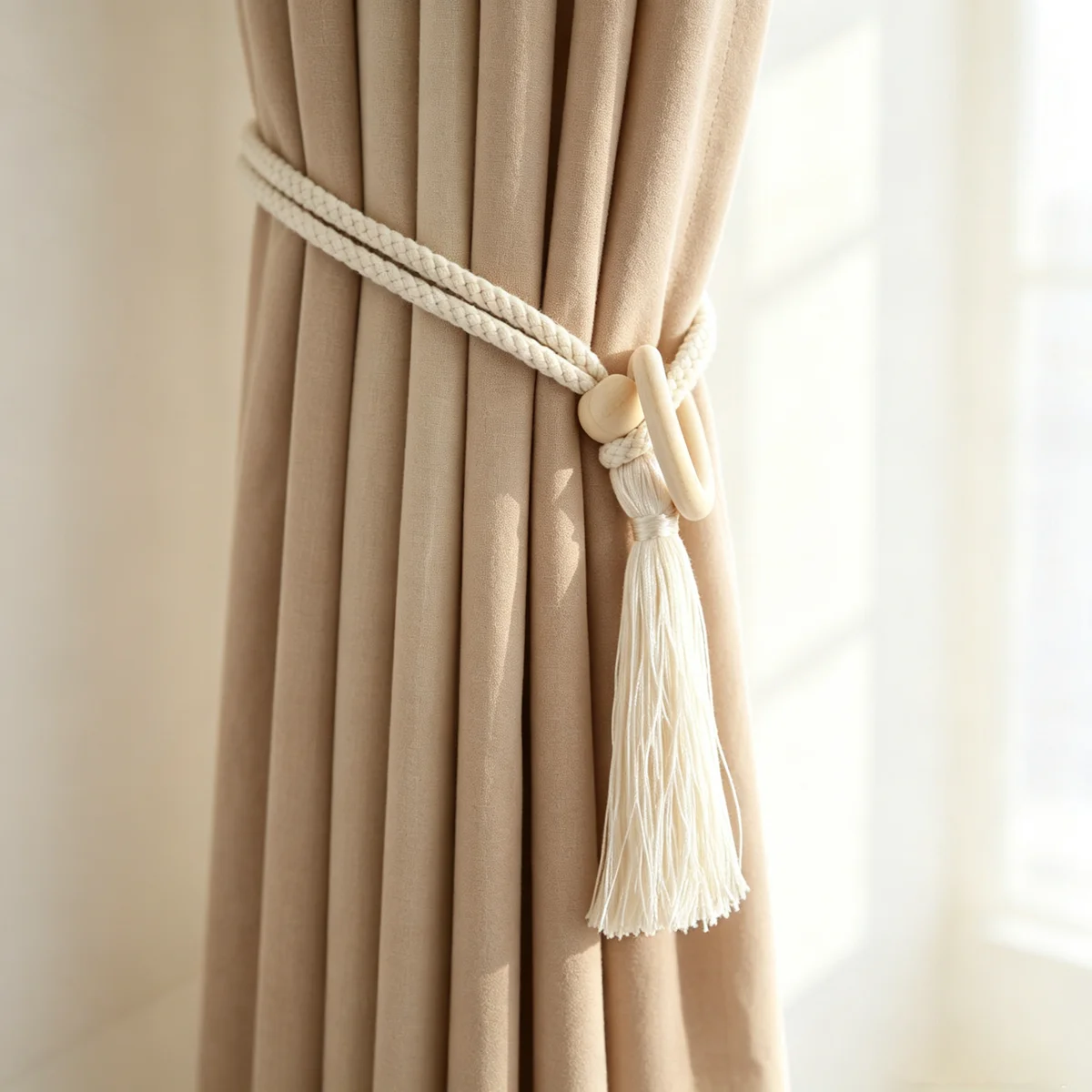 Boho Wooden Ring Braided Cotton Curtain Tiebacks with Tassel 2Pcs, Woven Window Curtain Holdbacks Home Decor Accessories