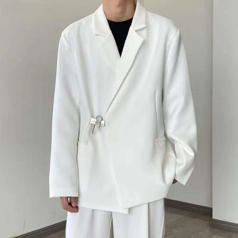 KIDWHXR 2026 Men Blazer Korean Simple Solid Turn Down Collar Male Suit Jacket Long Sleeve Loose Business Casual Man Outerwear