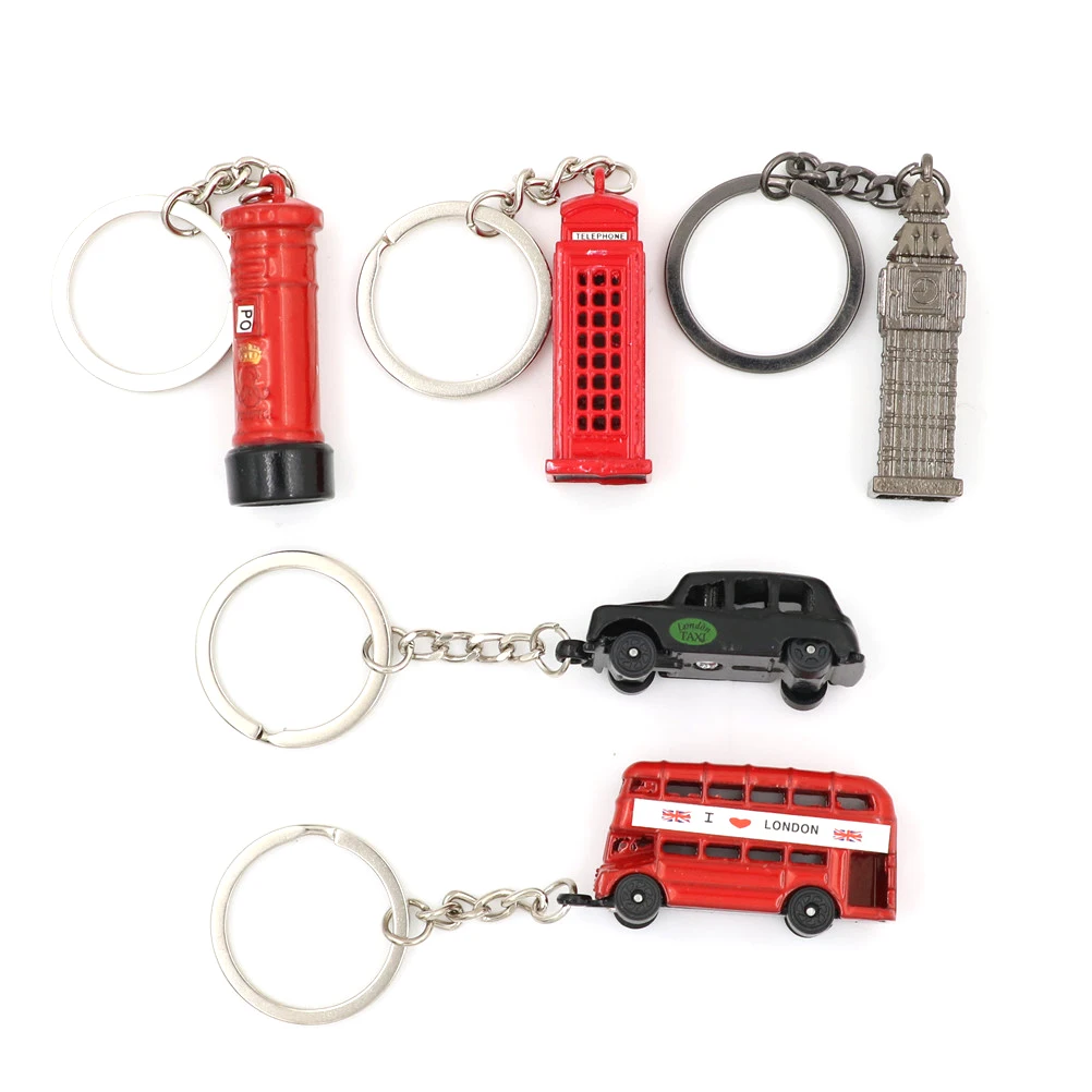 British Miniature London Model Key Ring Keychain Souvenir Red Bus Taxi