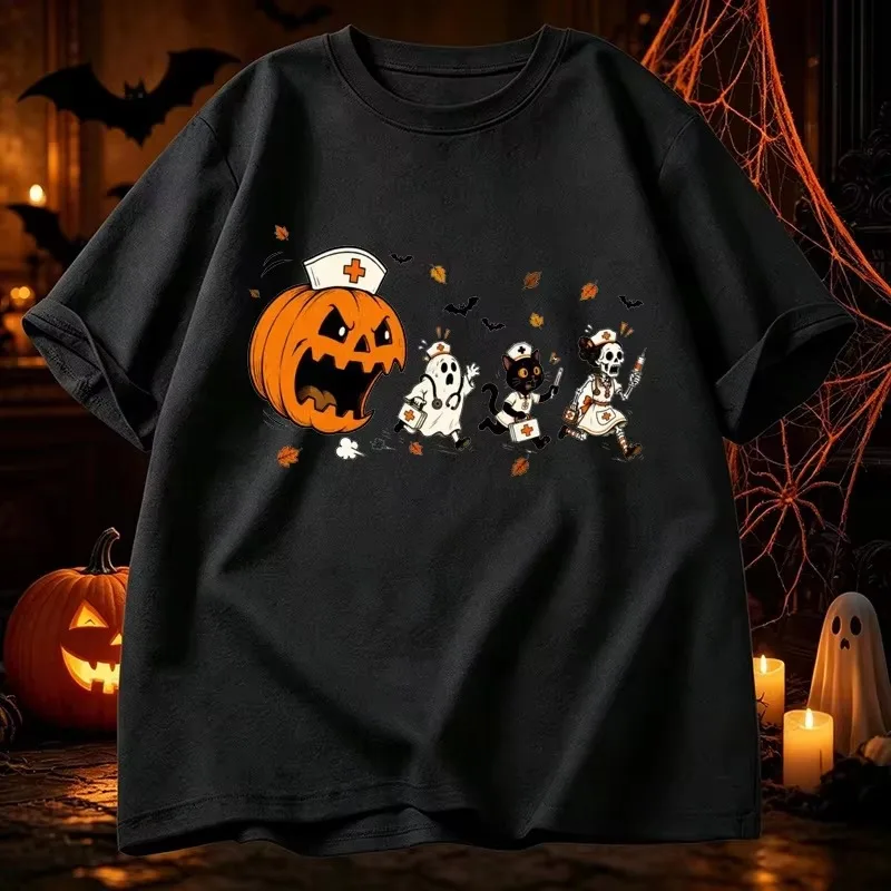 Men's and Women's T-shirt with Funny Halloween Patterns, Horror Medical Team, Pumpkin Ghost, Skeleton Cat Print T-shirt