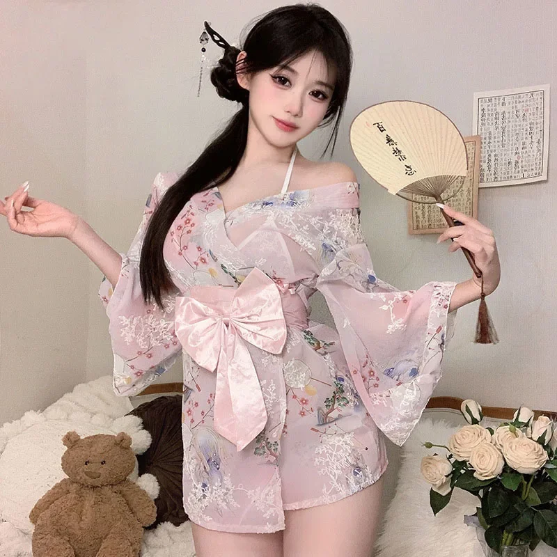 Sexy Costume Japanese Kimono Allure Sheer Sleepwear Cosplay Uniform Sex Women Erotic Lingerie Nightgowns Blossom Satin Chemise18