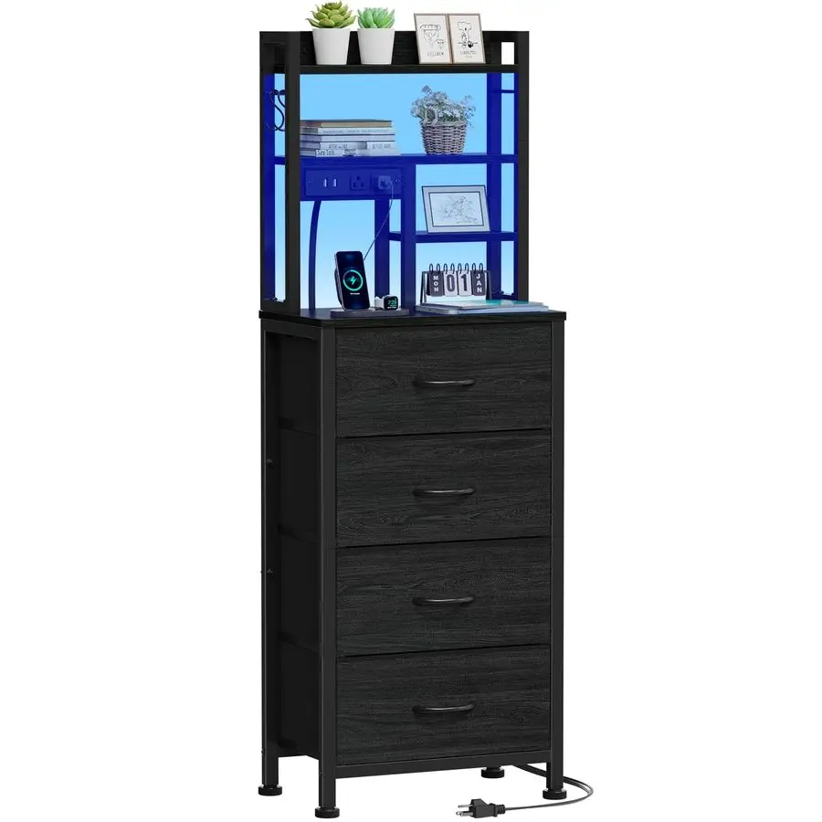 

Tall Nightstand, LED Night Stand with Charging Station and USB Ports, 4 Fabric Drawers and 4 Tier Storage Shelf, Nightstands Be