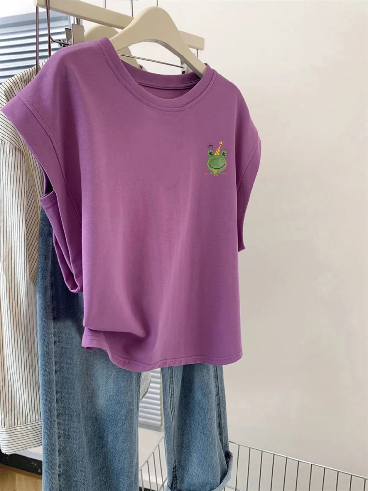 

Loose Casual ex ort Sve round Ne T-irt Summer Comfortable Soft Purple oulder Pad ature Sve Top