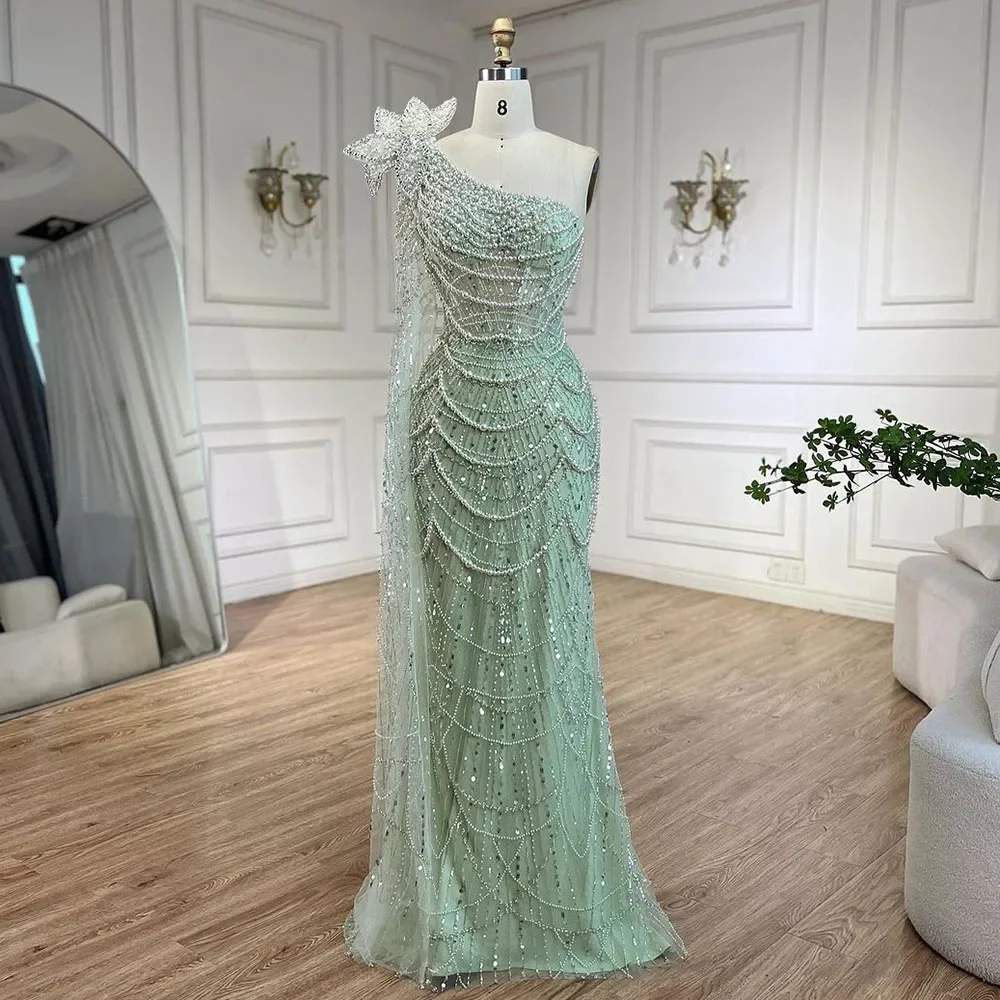 Serene Hill Sage Green Mermaid One Shoulder Pearls Luxury Dubai Arabic Evening Dresses Gowns Customize Wedding Party LA72511