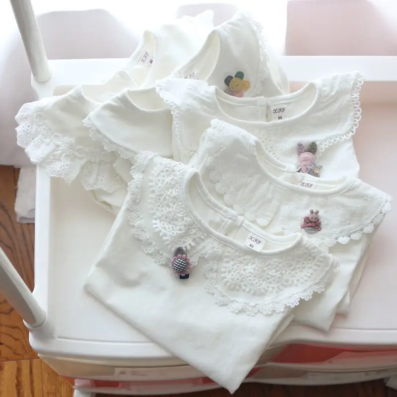 Spring Autumn Girls Pure Cotton Long Sleeve T-Shirt White Peter Pan Collar Versatile Lapel Basic Layering Top Toddler Baby Girls