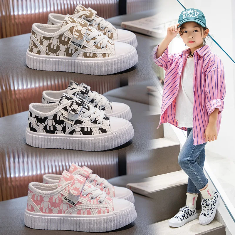 Girls Little Bear Canvas Shoes Fashion Kids Casual Shoes Breathable Soft Sole Child Sneakers Toddler Boys Non-slip Board Shoes