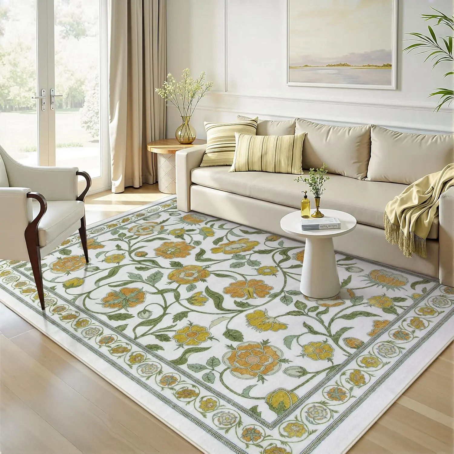 Bohemia Floral Living Room Rug,Non-Slip Stain Resistant Low-Pile Boho Large Indoor Throw Carpet for Office Entry Playroom
