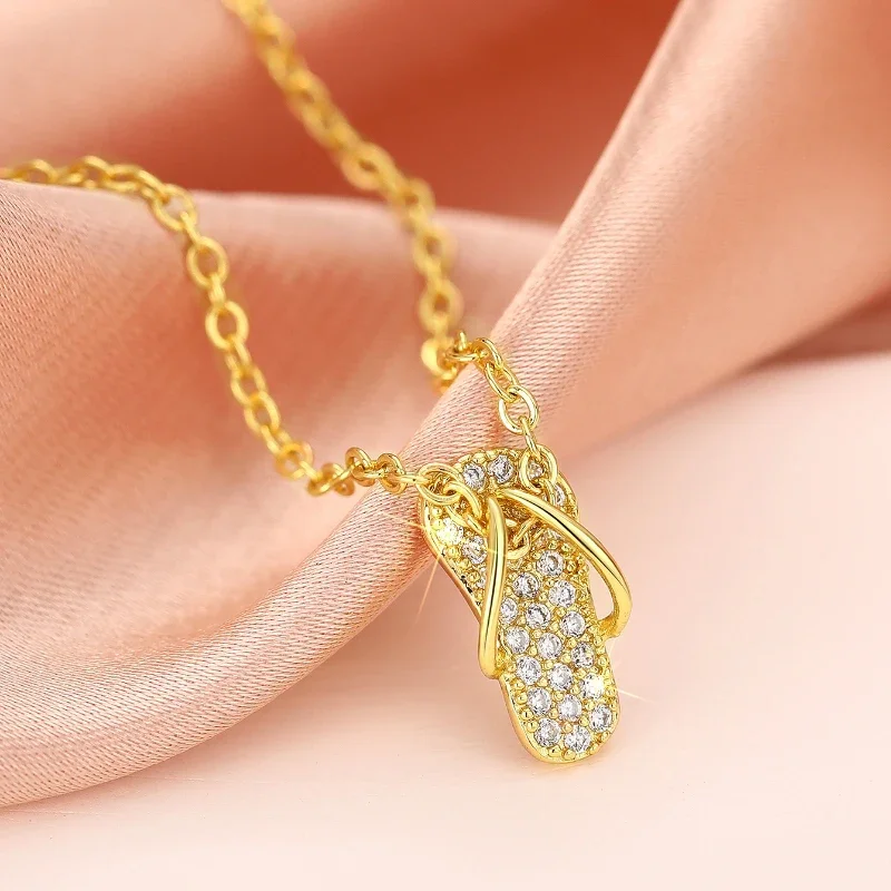 Huitan Chic Flip Flops Shaped Pendant Necklace for Women Bling Crystal CZ Funny Summer Neck Accessories Statement Jewelry