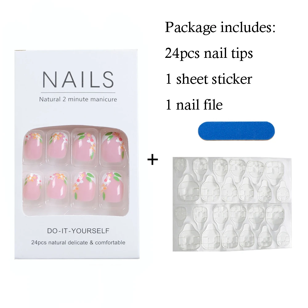 24Pcs/Box Spring Style Acrylic Press On Nails French Nail Tips Full Cover Flower Leaf False Artificial Nails