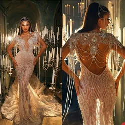 Sexy Mermaid Women Evening Dresses O-Neck Appliques Pearls Crystal Gowns Slim Fit Backless Sleeveless Dress Party Custom Made