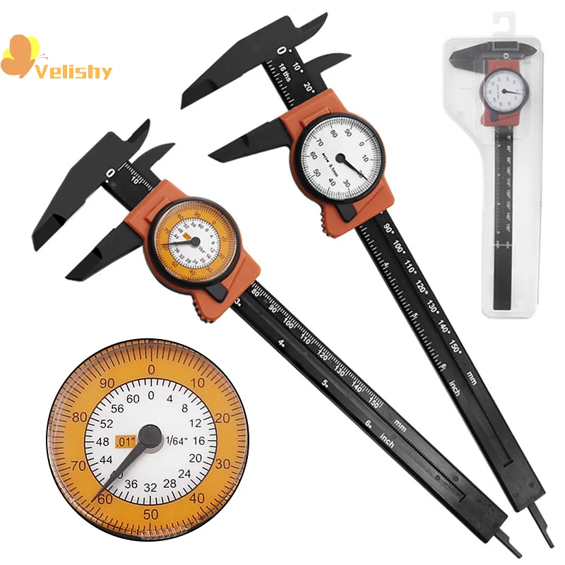 Calibro a corsoio per marcatura 0-150MM 0-6 "con orologio Calibro a corsoio in plastica con scatola di immagazzinaggio Strumenti per strumenti ad alta precisione