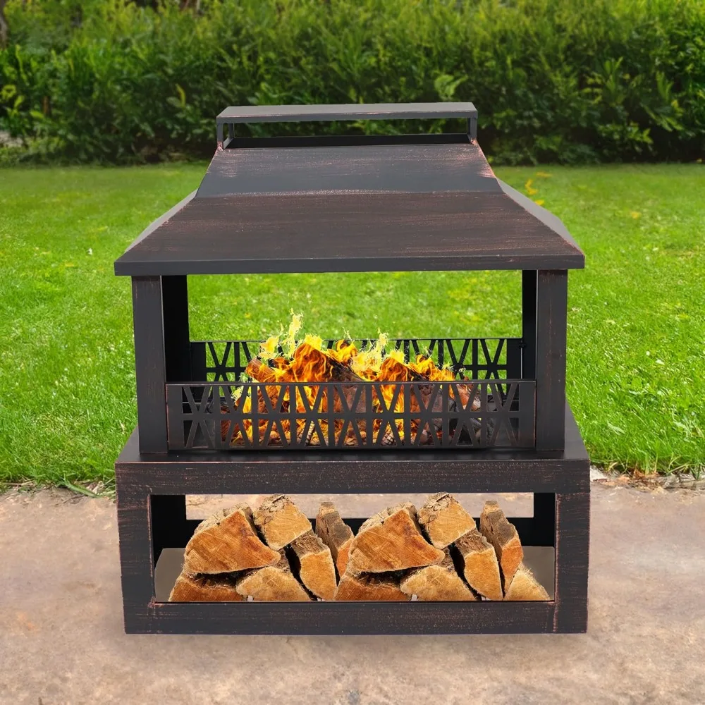 Fireplace Blaze 35-Inch H Heavy-Duty Steel Outdoor Fireplace with Built-in Log Storage-Includes Protective Cover-Brushed Bronze