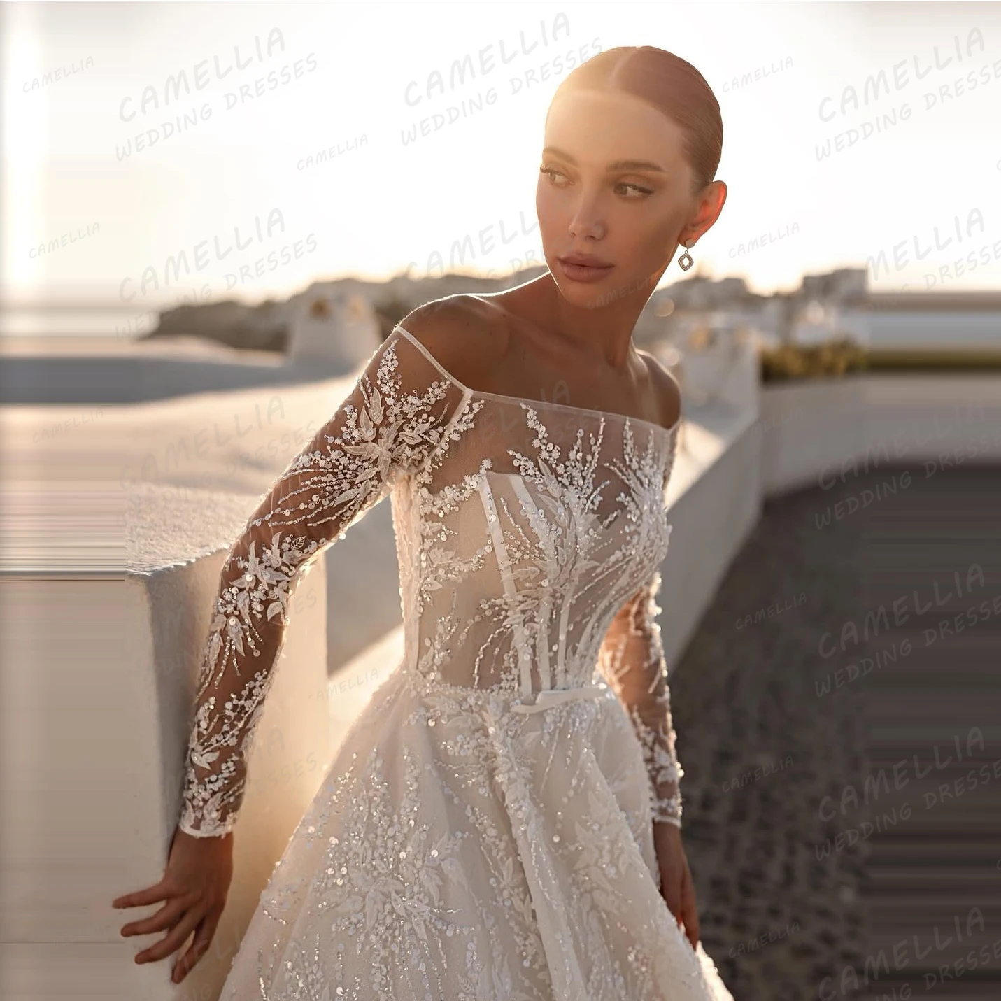 Exquisite Appliques Wedding Dresses A Line Women Sexy Shiny Sequined Tulle Bridal Gowns Long Sleeve Vestidos De Novia Customized