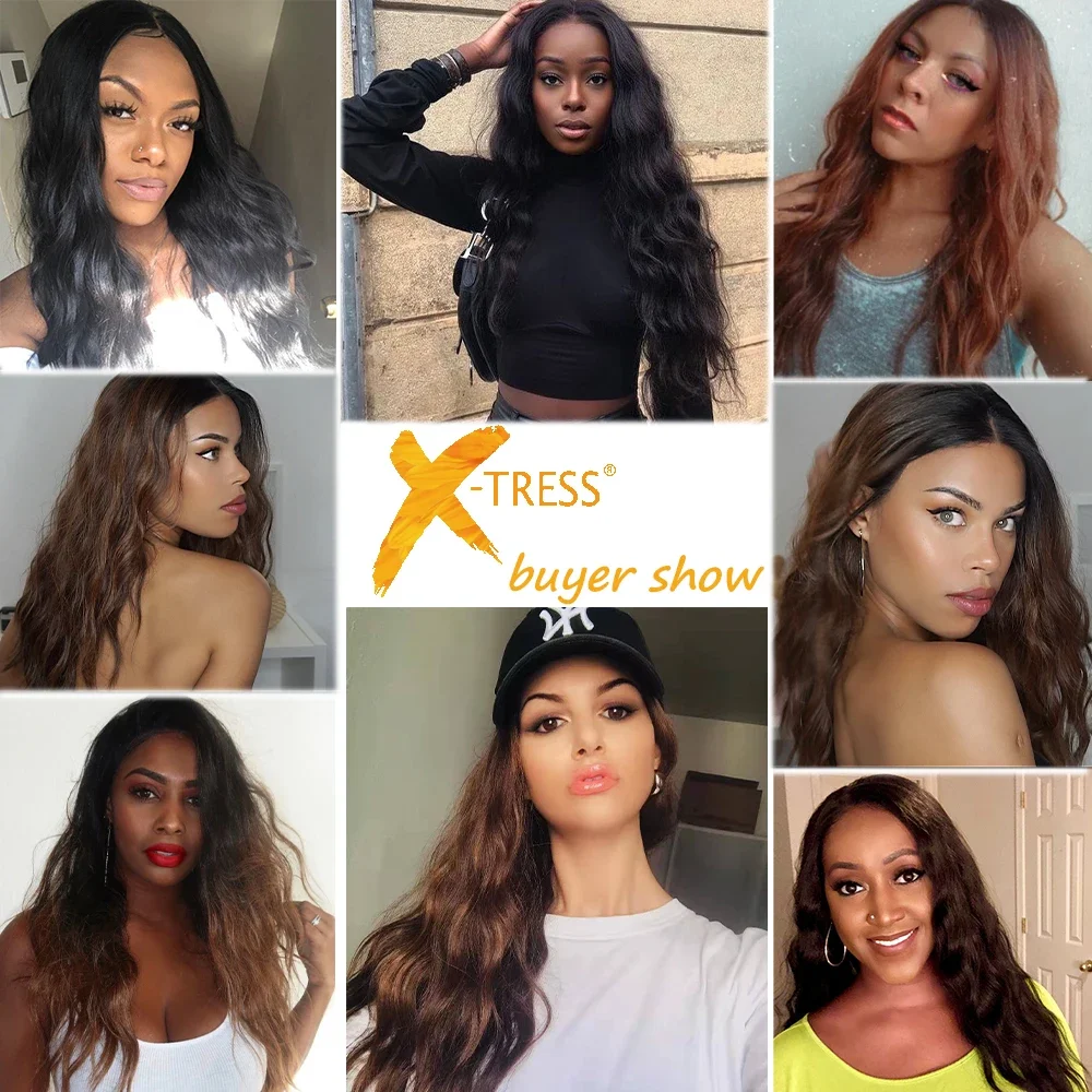 X-TRESS Natural Wave Synthetic Lace Front Wigs Medium Length Free Part Lace Wig For Women Black Color Soft Fluffy Daily Hair Wig