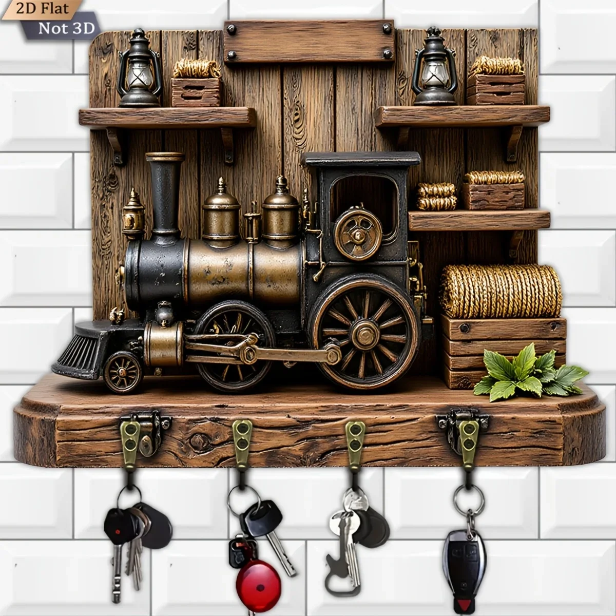 2D Flat, 1pc, Steam Locomotive Theme Style Key Hook Wooden Multifunctional Home Key Hanger with Four Metal Hooks, Wall Decé,