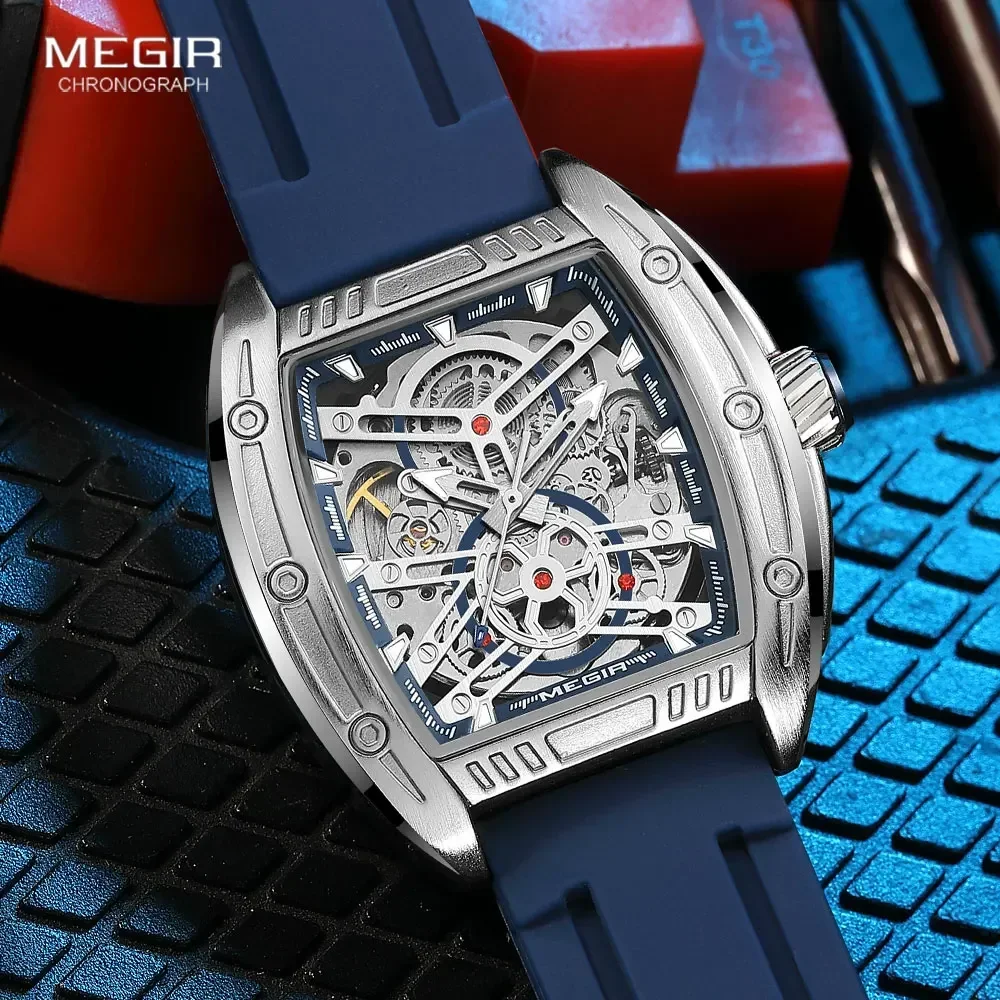 Reloj mecánico deportivo militar MEGIR para hombre, reloj de pulsera automático analógico resistente al agua con correa de silicona azul marino, esfera Tonneau