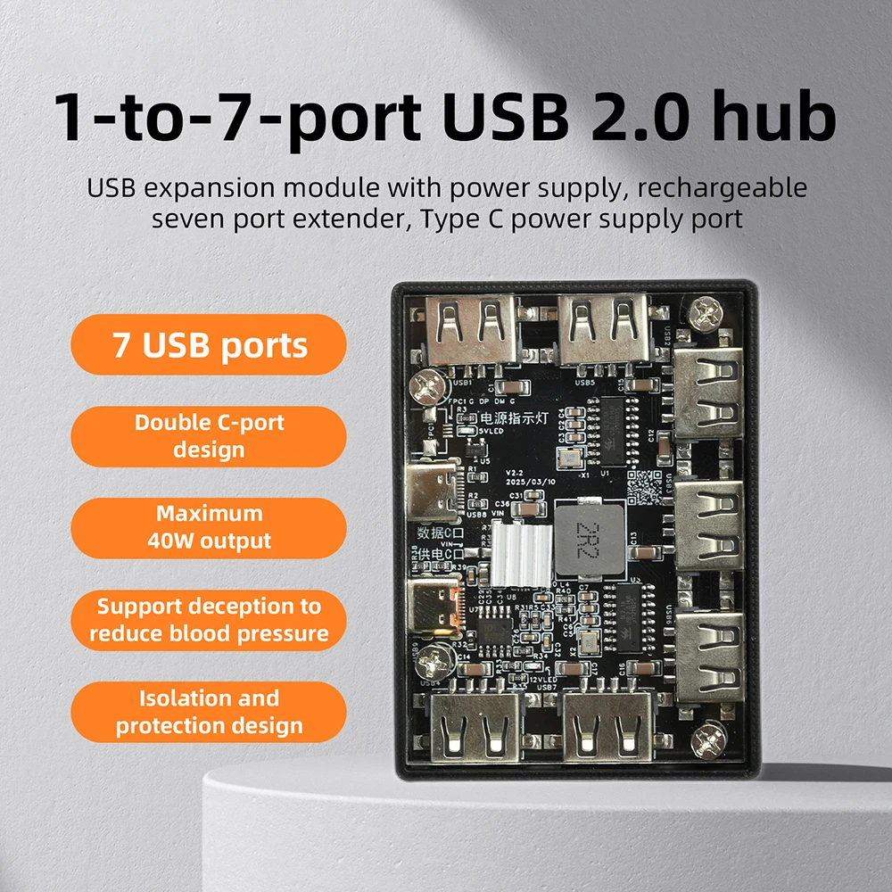 USB HUB USB2.0 1 to 7-port Controller Expansion Module Dual Type C USB 2.0 to 7 Channel Way Splitter 40W USB-HUB Extender Board