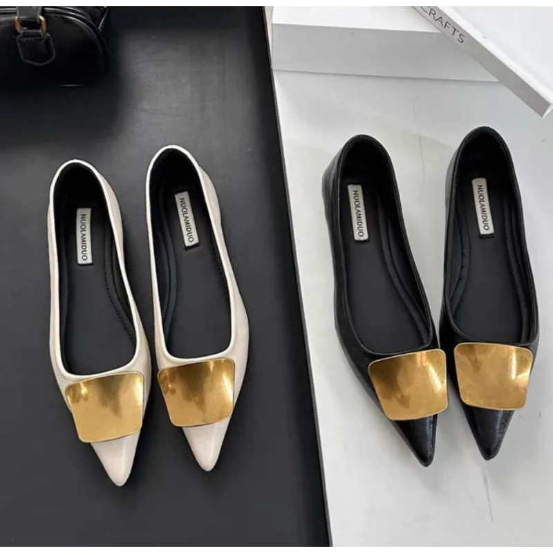 Women Fashion Buckle Flats Shoes2026 Spring Solid Color Lady Pointed Toe Shoes Elegant Woman Commuting Wearing Office Shoes