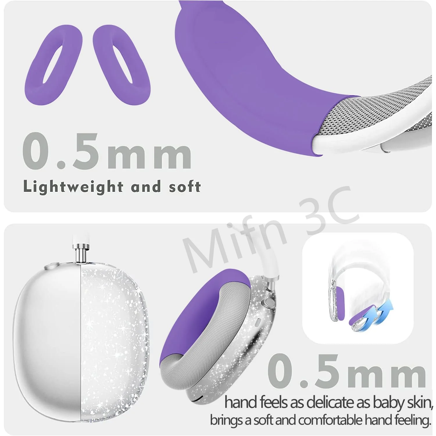 New Transparent Sparkle Case Cover White Set for Apple Airpods Max Headphones Case Ear/Earpad/ Handband Cover Accessories Purple