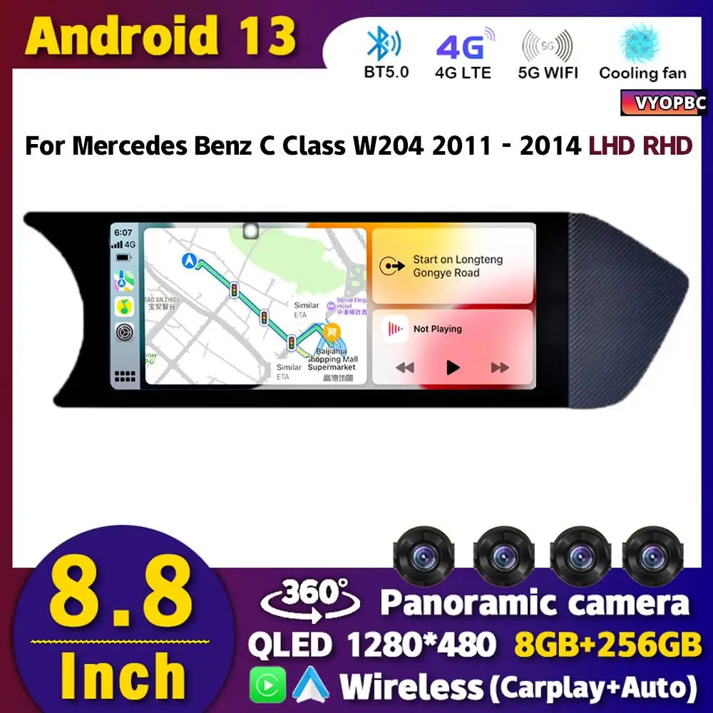 

8.8" Android 13 8Core Wireless Carplay Car Radio Multimedia Player For Mercedes Benz C Class W204 2011-2014 LHD RHD GPS WIFI DSP