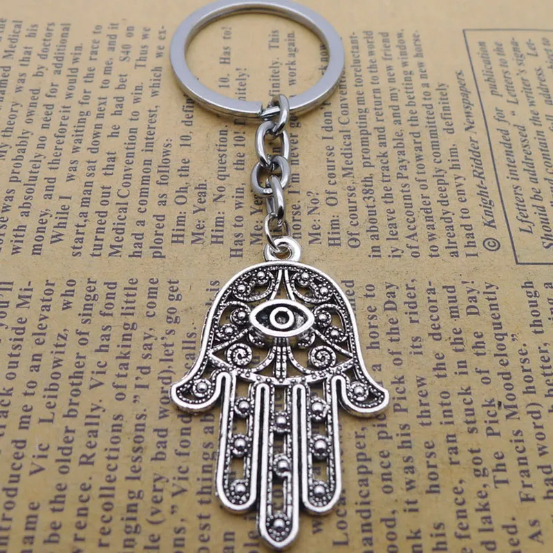 Fashion Hamsa Palm Fatima Hand 28x19mm Pendant 30mm Key Ring Chain Silver Color Men Car Gift Souvenirs Keychain Dropshipping