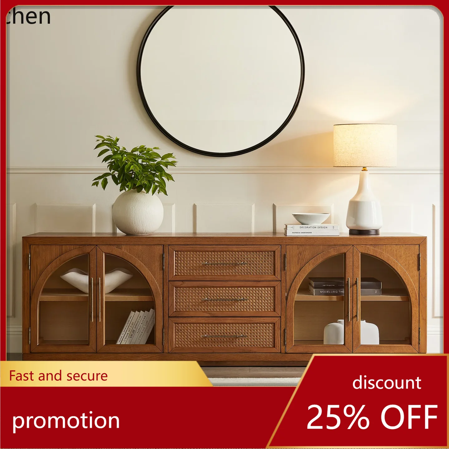 

HXL Solid Wood Rattan TV Cabinet Glass Cabinet Floor Storage Media Cabinet